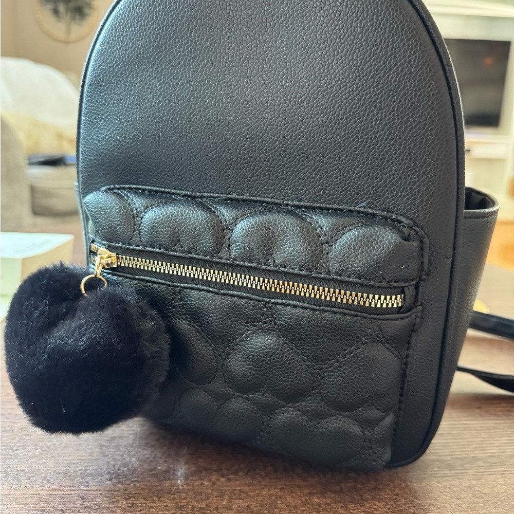 Black Quilted Backpack with Pom Pom
